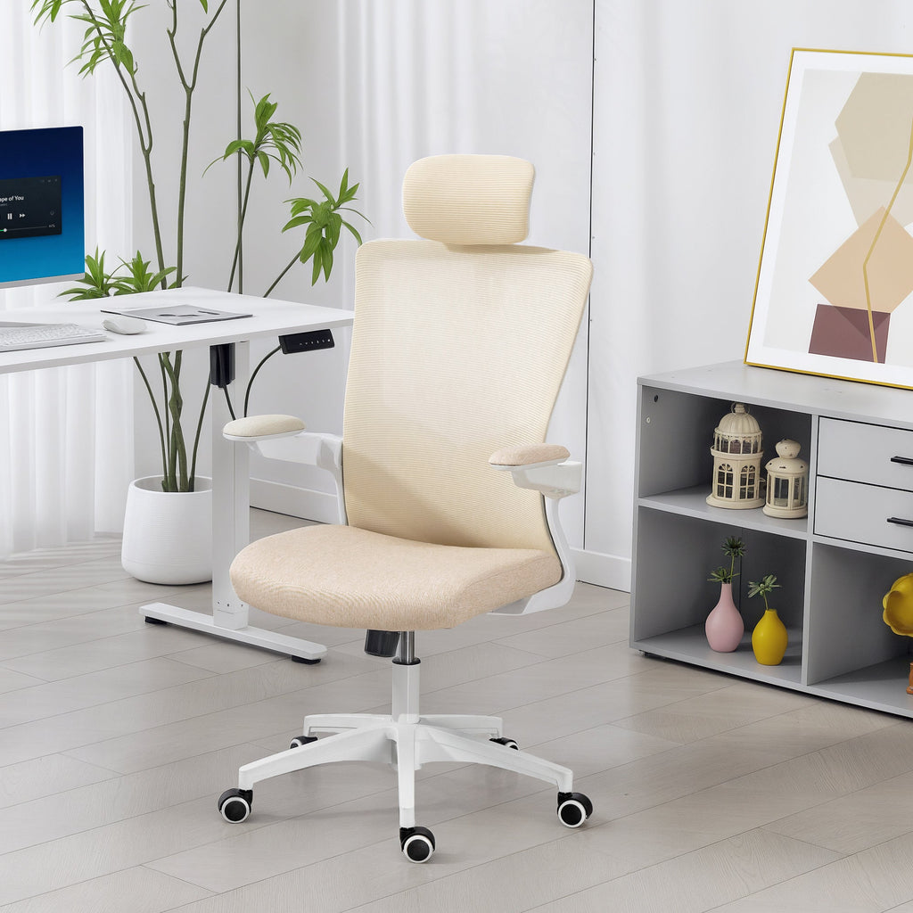 Sillón de oficina ergonómico Andre con soporte lumbar 2D y reposacabezas ajustable - Beige/Blanco