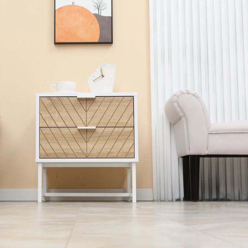 Mesita de Noche Moderna Emery con 2 Cajones y Patas de Acero - Blanco/Roble