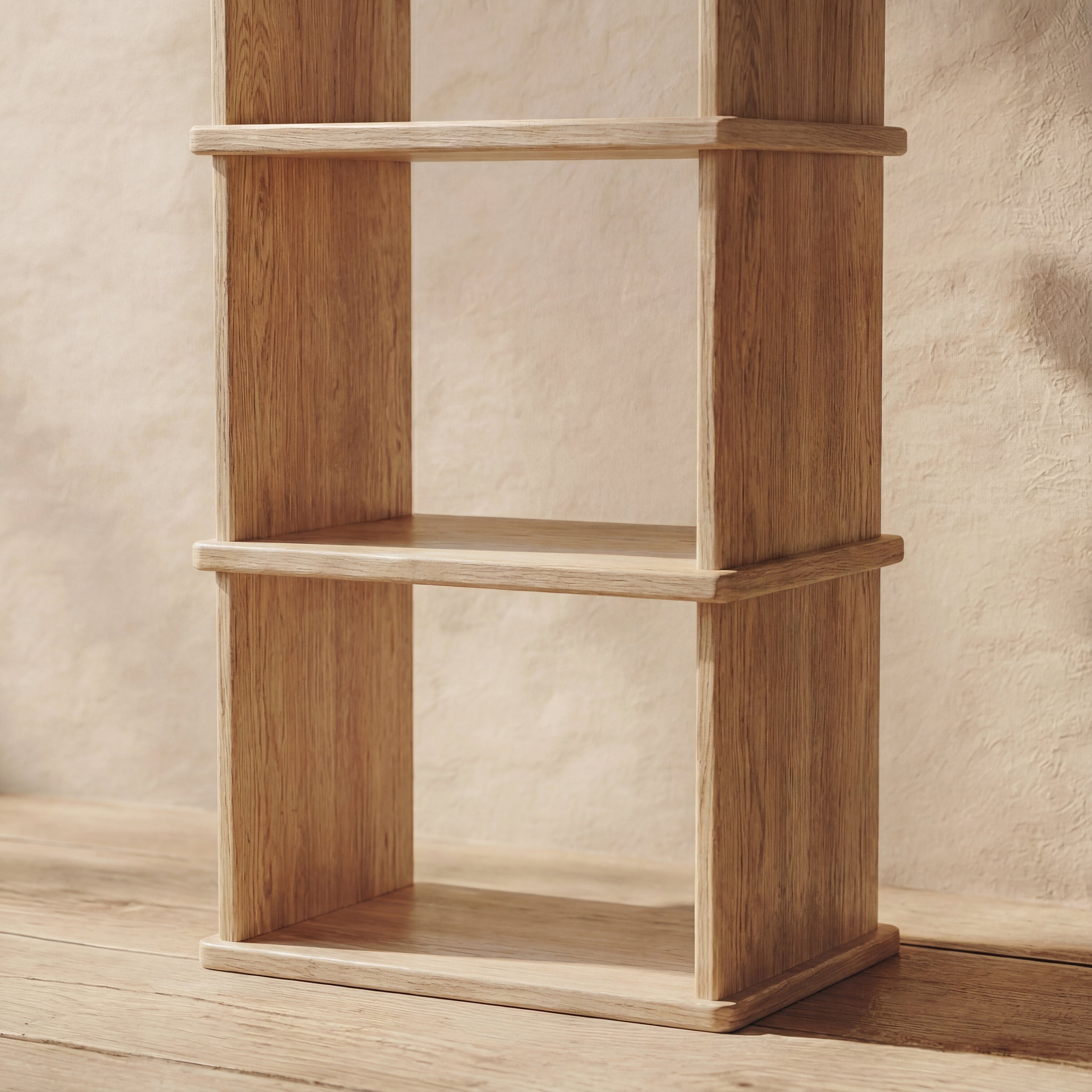 Tall narrow bookcase in white oak