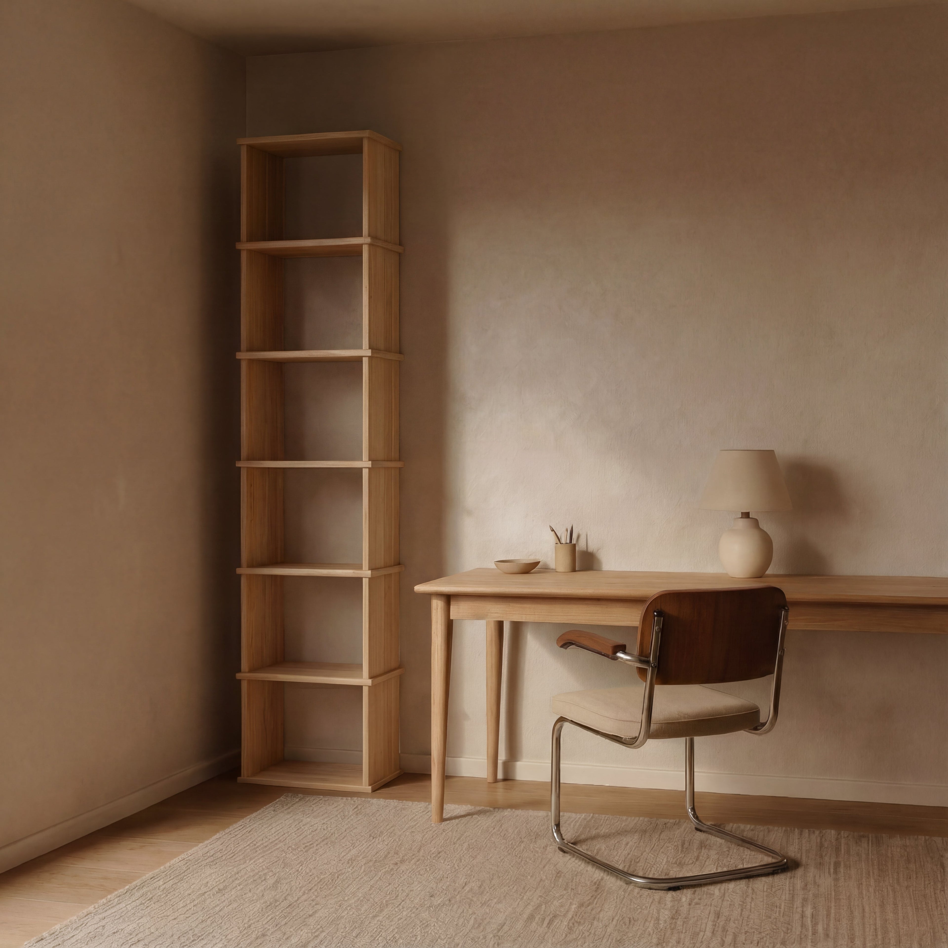 Tall narrow bookcase in white oak