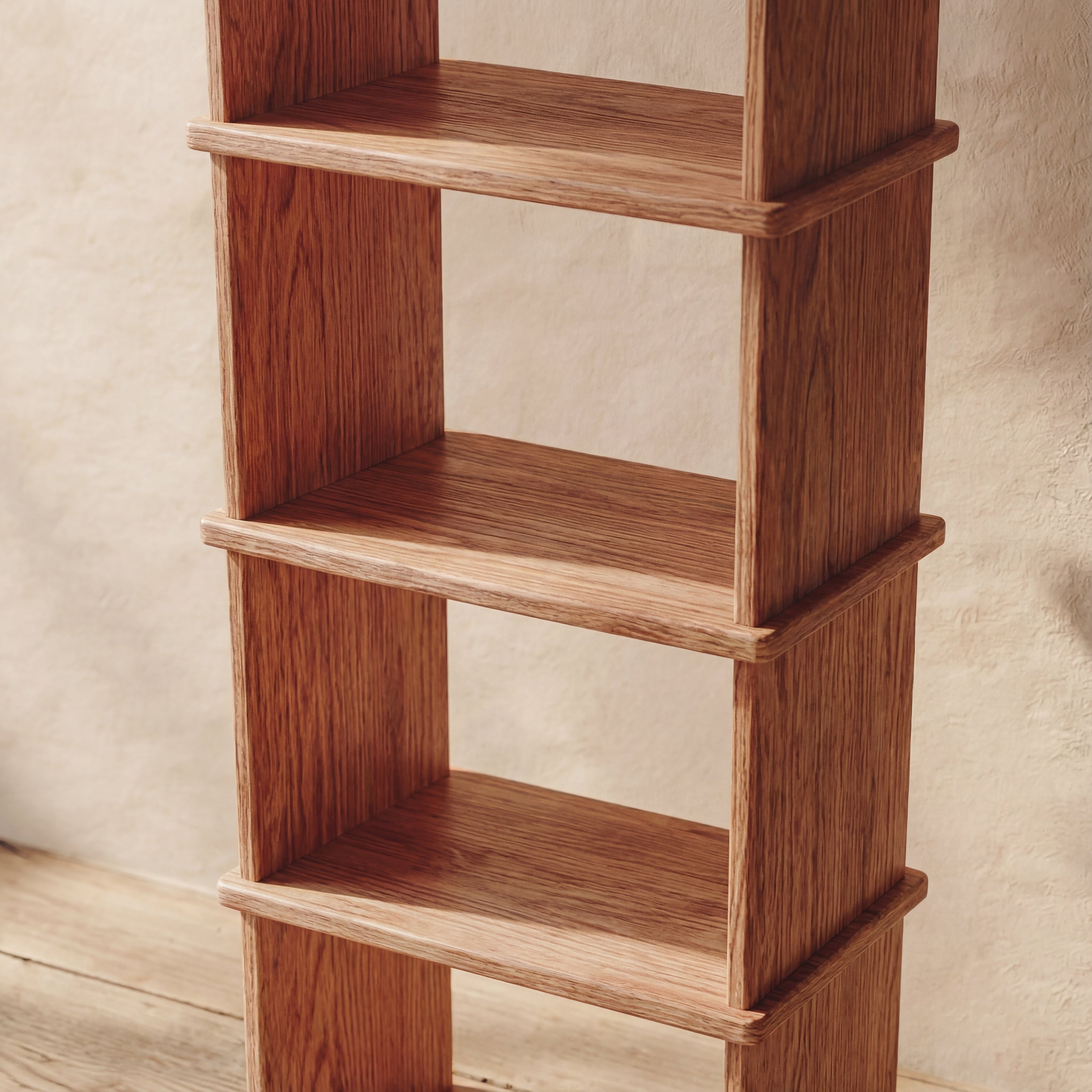 Tall narrow bookcase in red oak