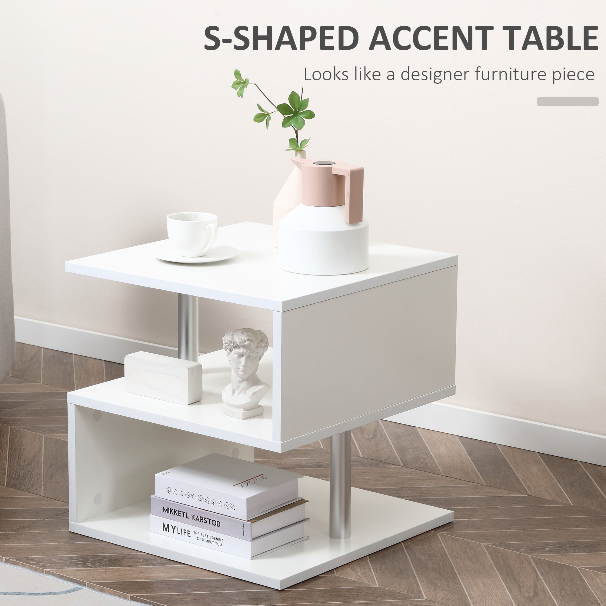 Mesa auxiliar de madera Caelan con forma de S y 3 estantes de almacenamiento, color blanco