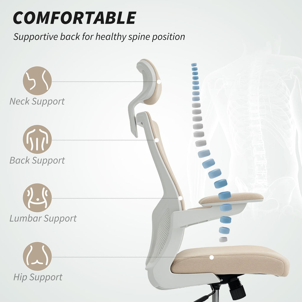 Sillón de oficina ergonómico Andre con soporte lumbar 2D y reposacabezas ajustable - Beige/Blanco