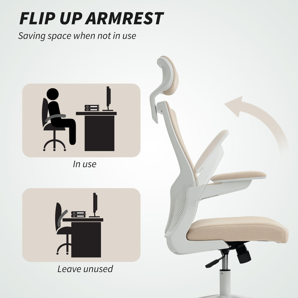 Sillón de oficina ergonómico Andre con soporte lumbar 2D y reposacabezas ajustable - Beige/Blanco