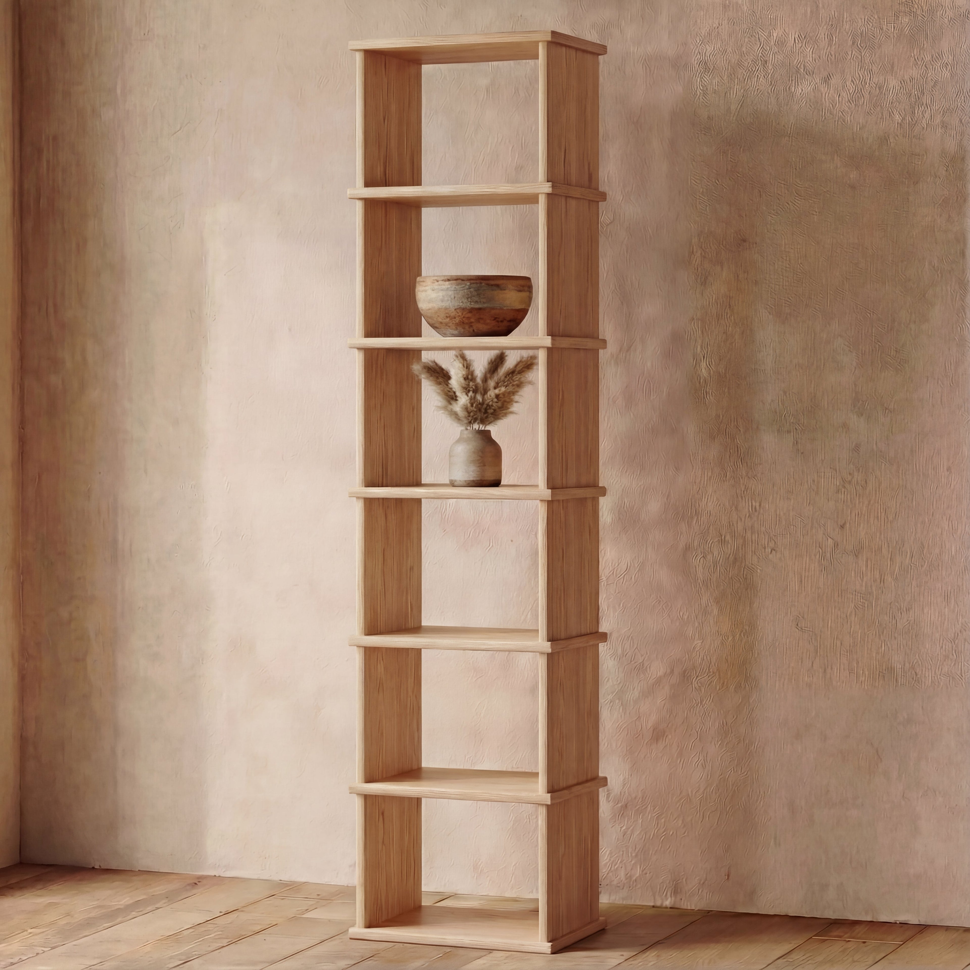 Tall narrow bookcase in white oak