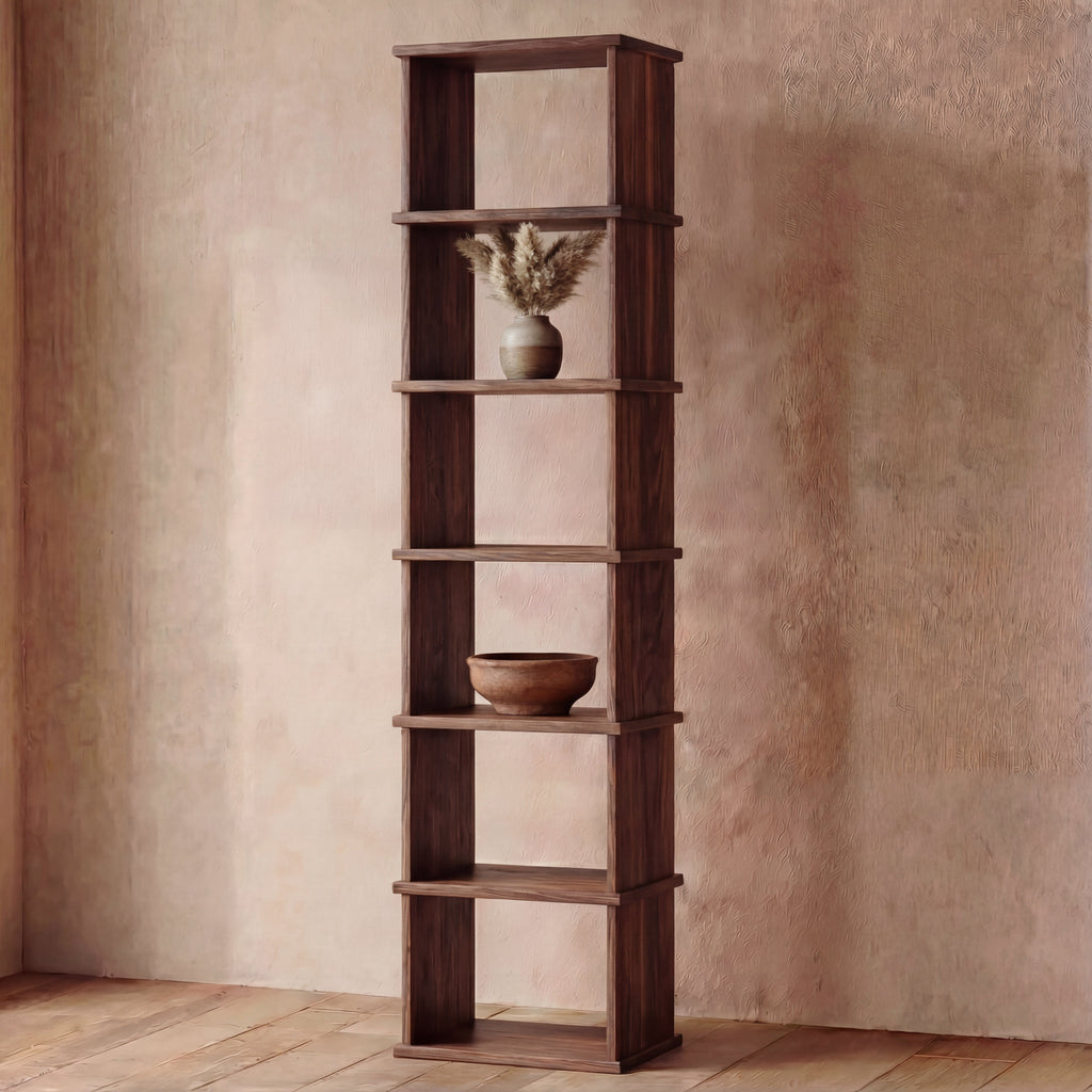 Tall narrow bookcase in walnut