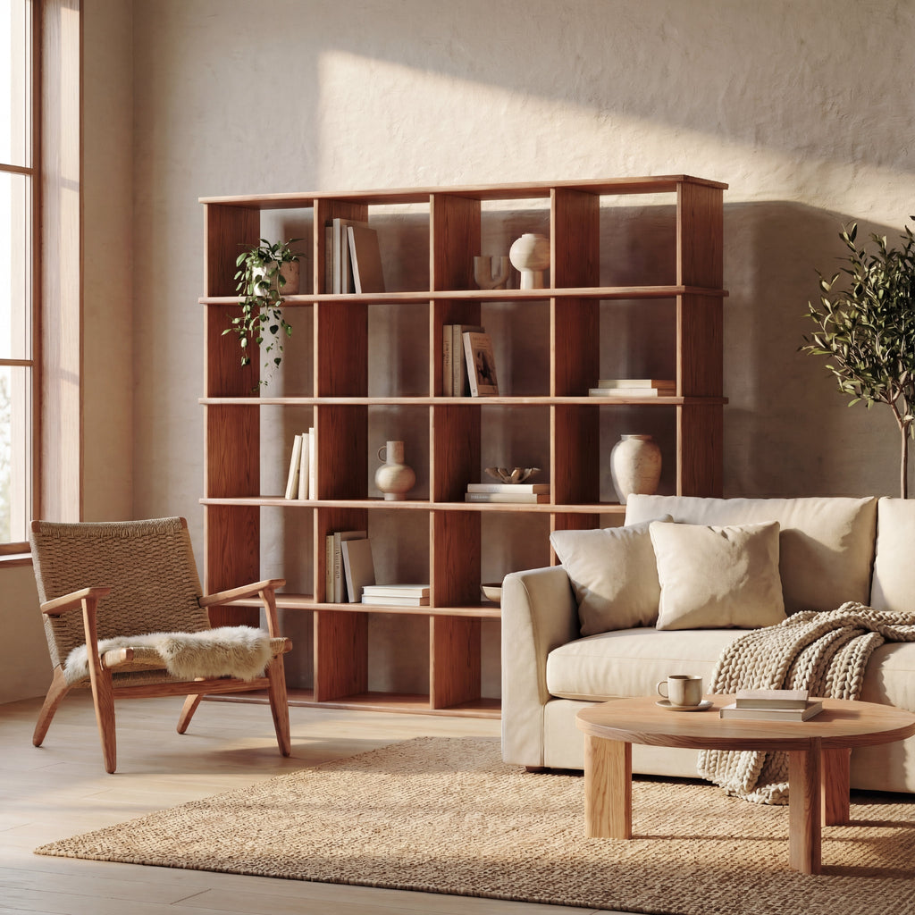 Cube bookshelf in red oak