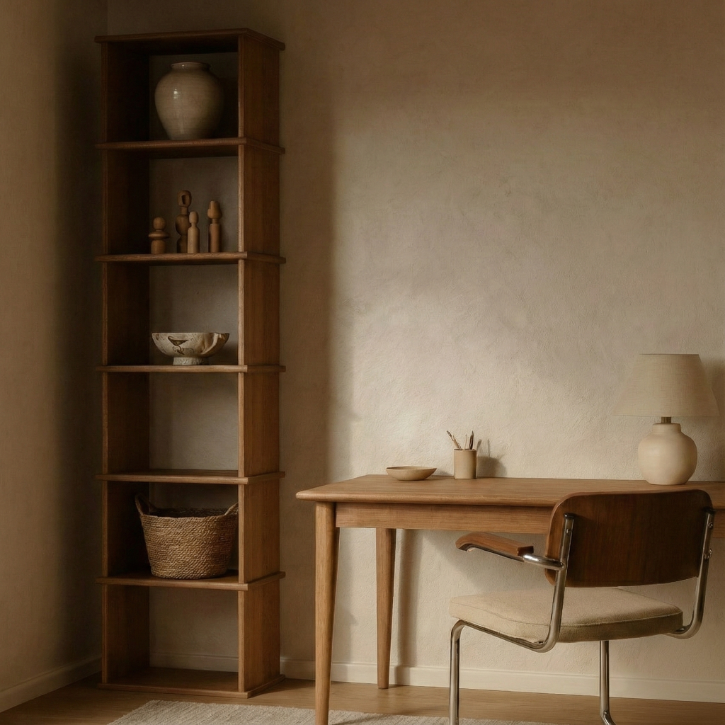 Tall narrow bookcase in red oak