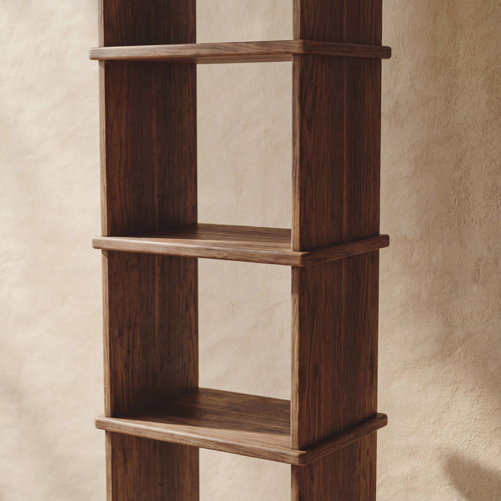Tall narrow bookcase in walnut