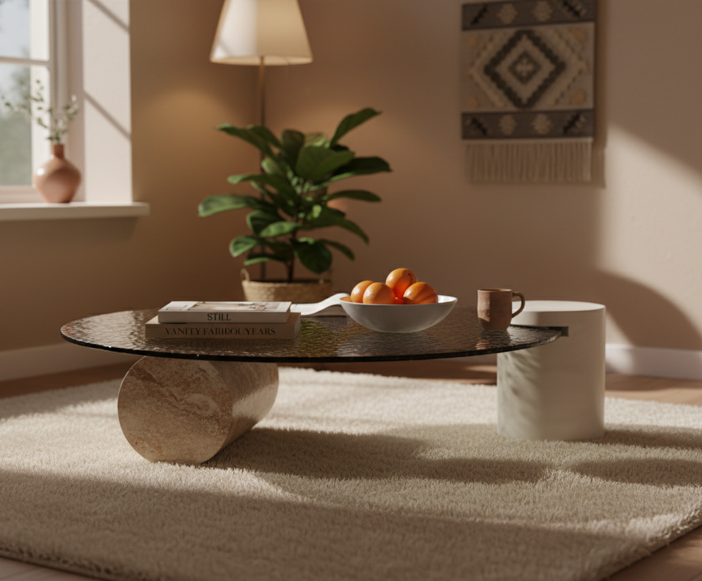 Mesa de centro de vidrio con efecto ondulado y base de piedra