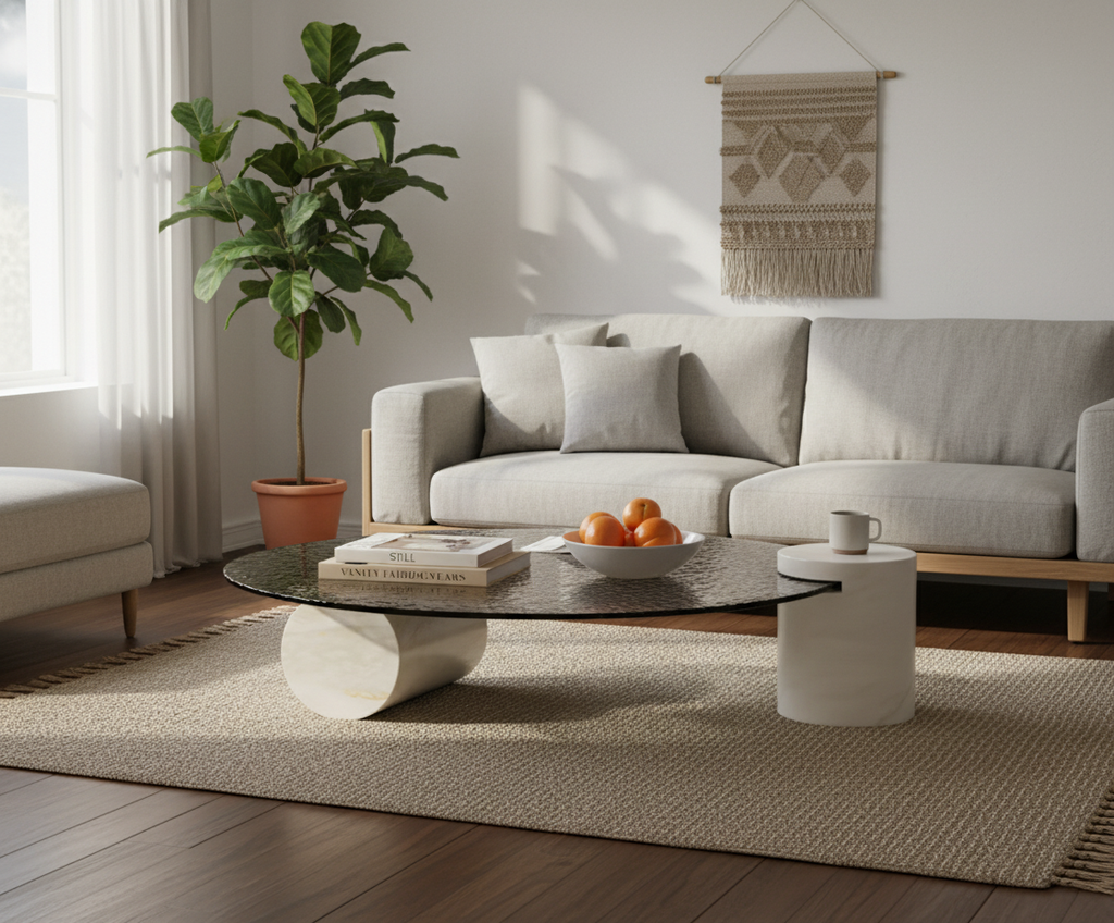 Mesa de centro de vidrio con efecto ondulado y base de piedra