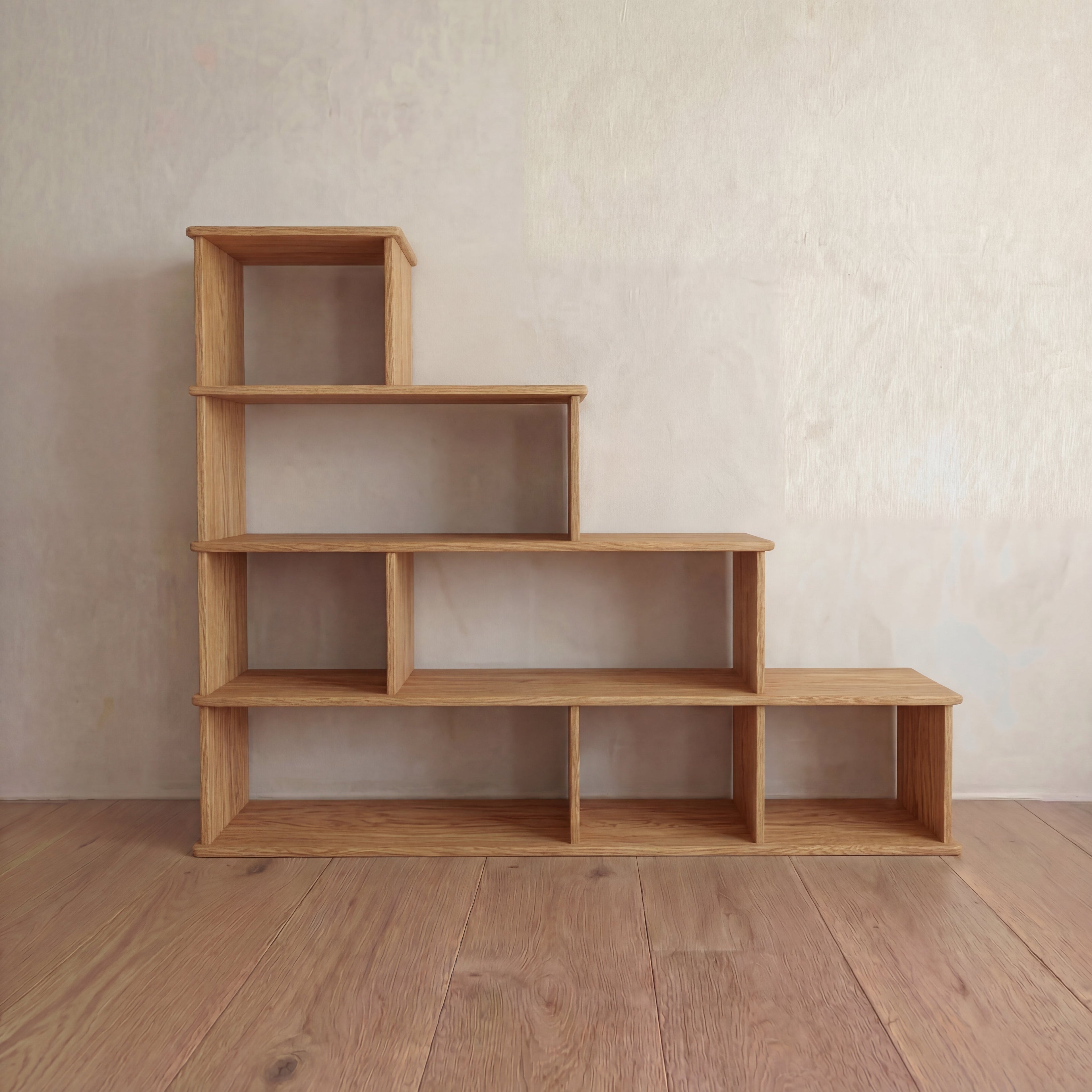 Step bookshelf in white oak