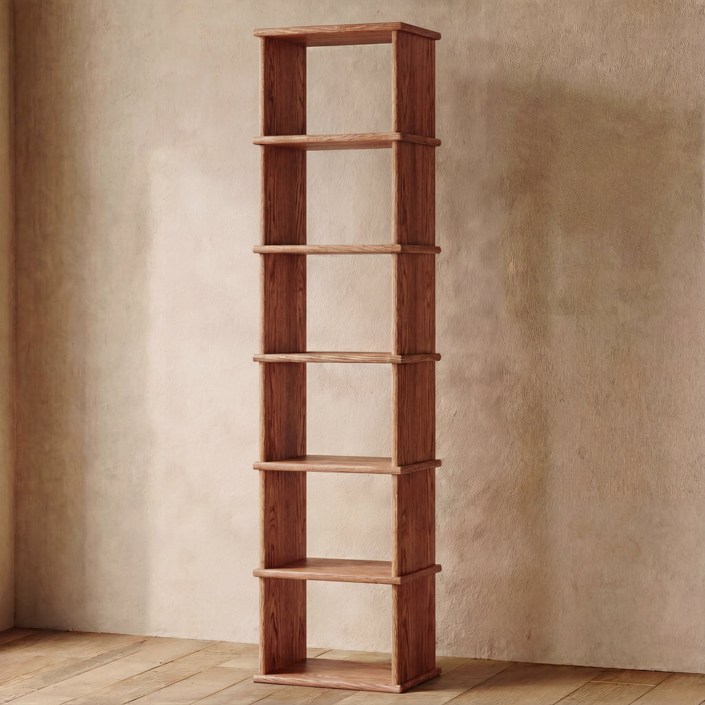 Tall narrow bookcase in red oak