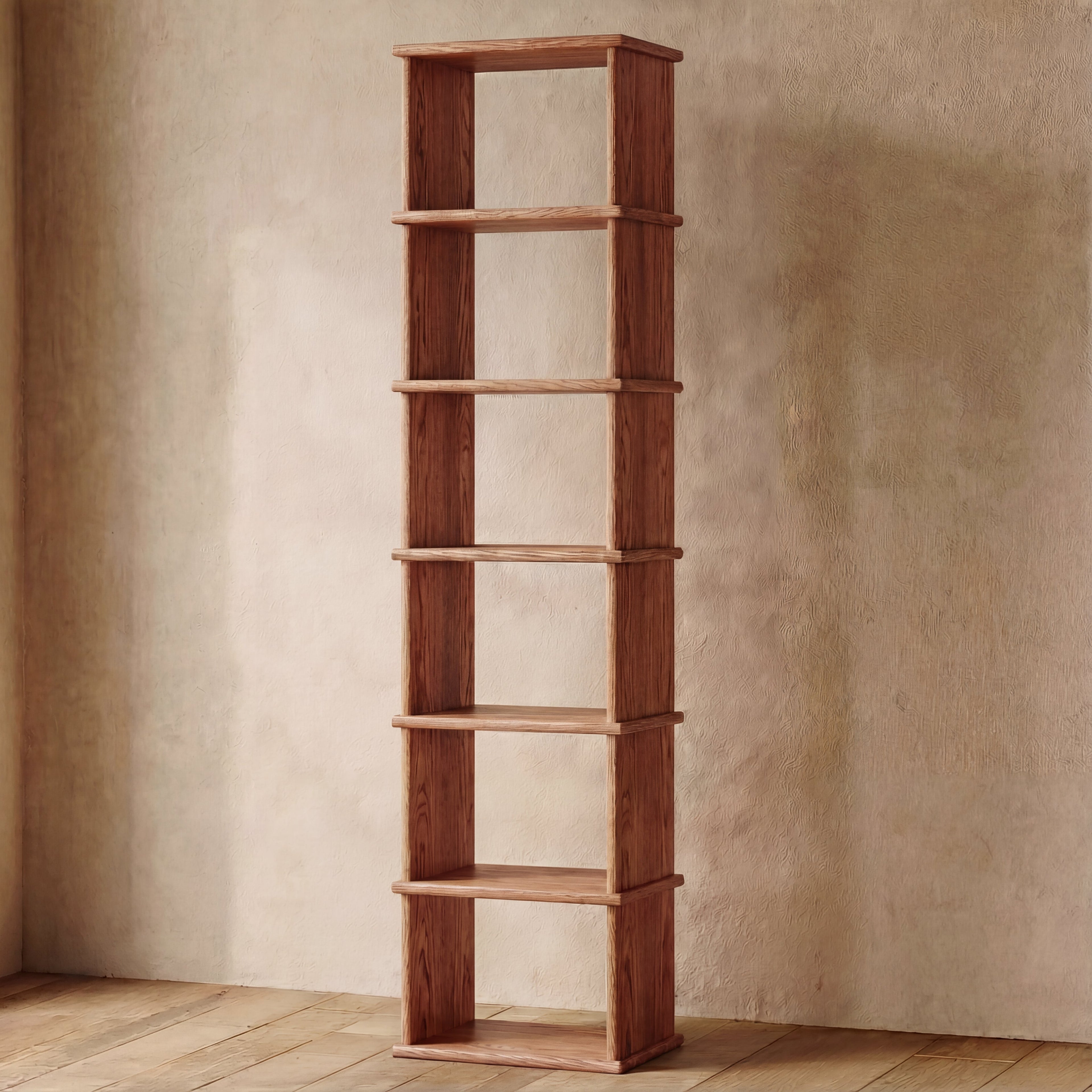 Tall narrow bookcase in red oak