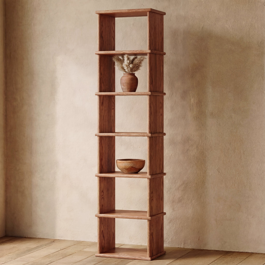 Tall narrow bookcase in red oak