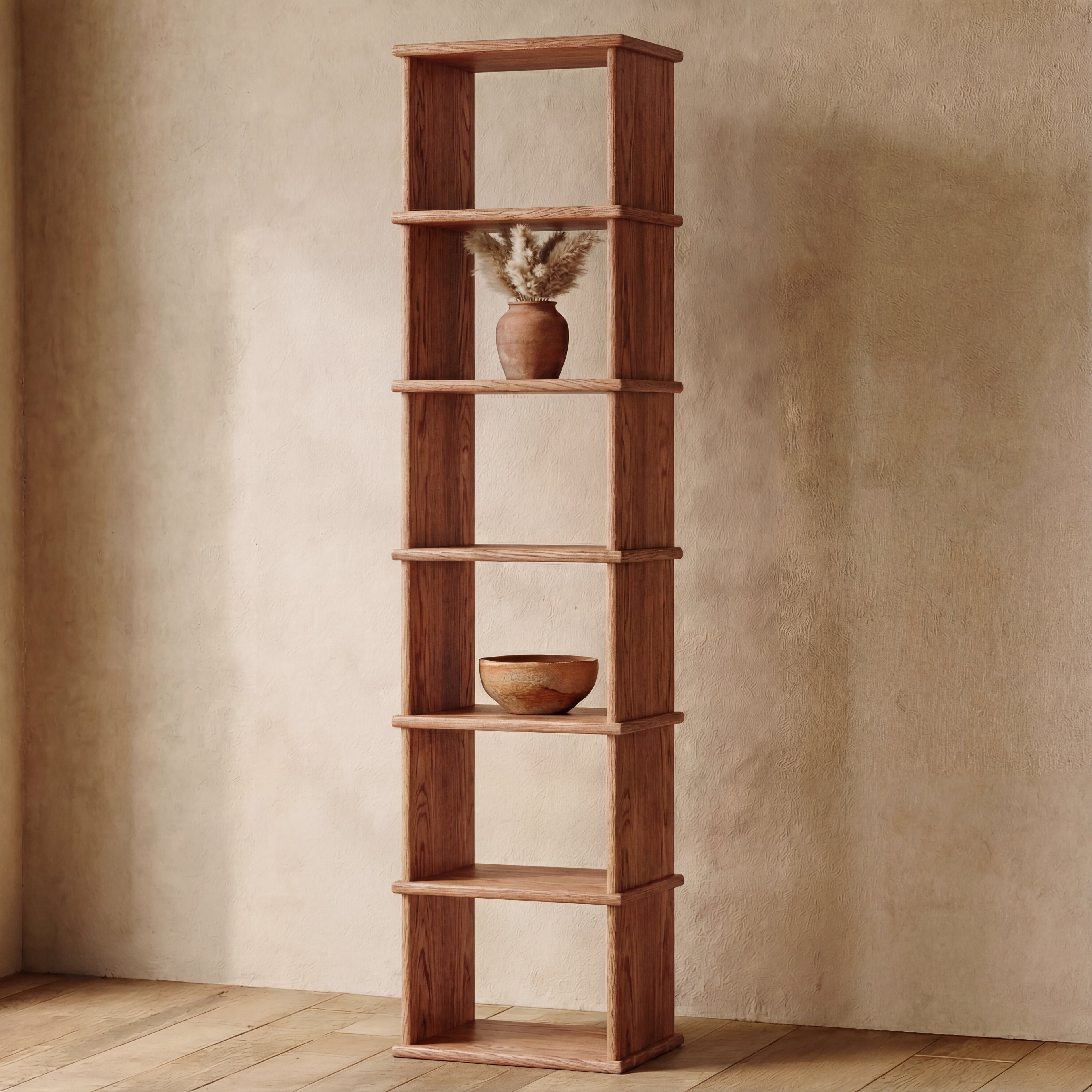 Tall narrow bookcase in red oak