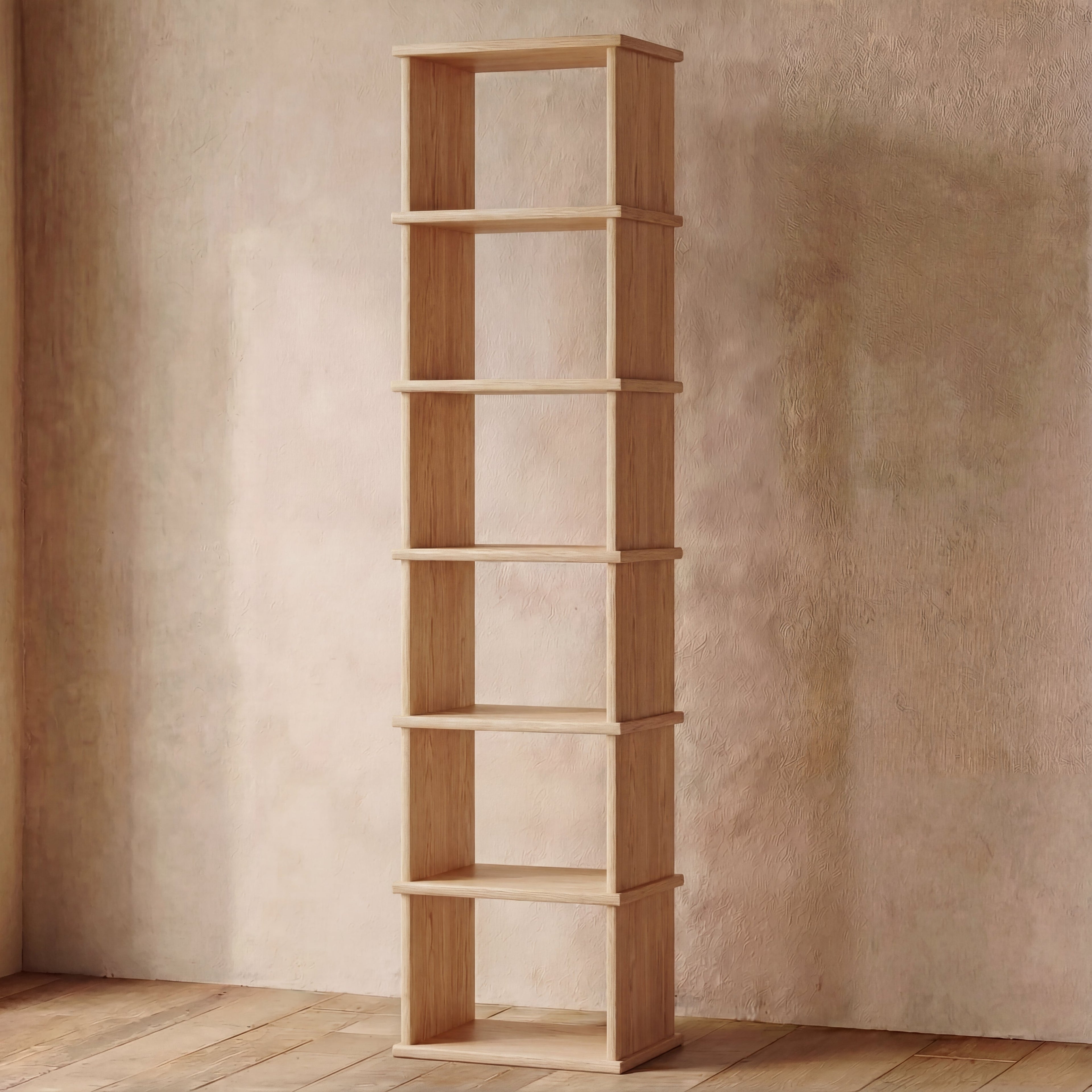 Tall narrow bookcase in white oak