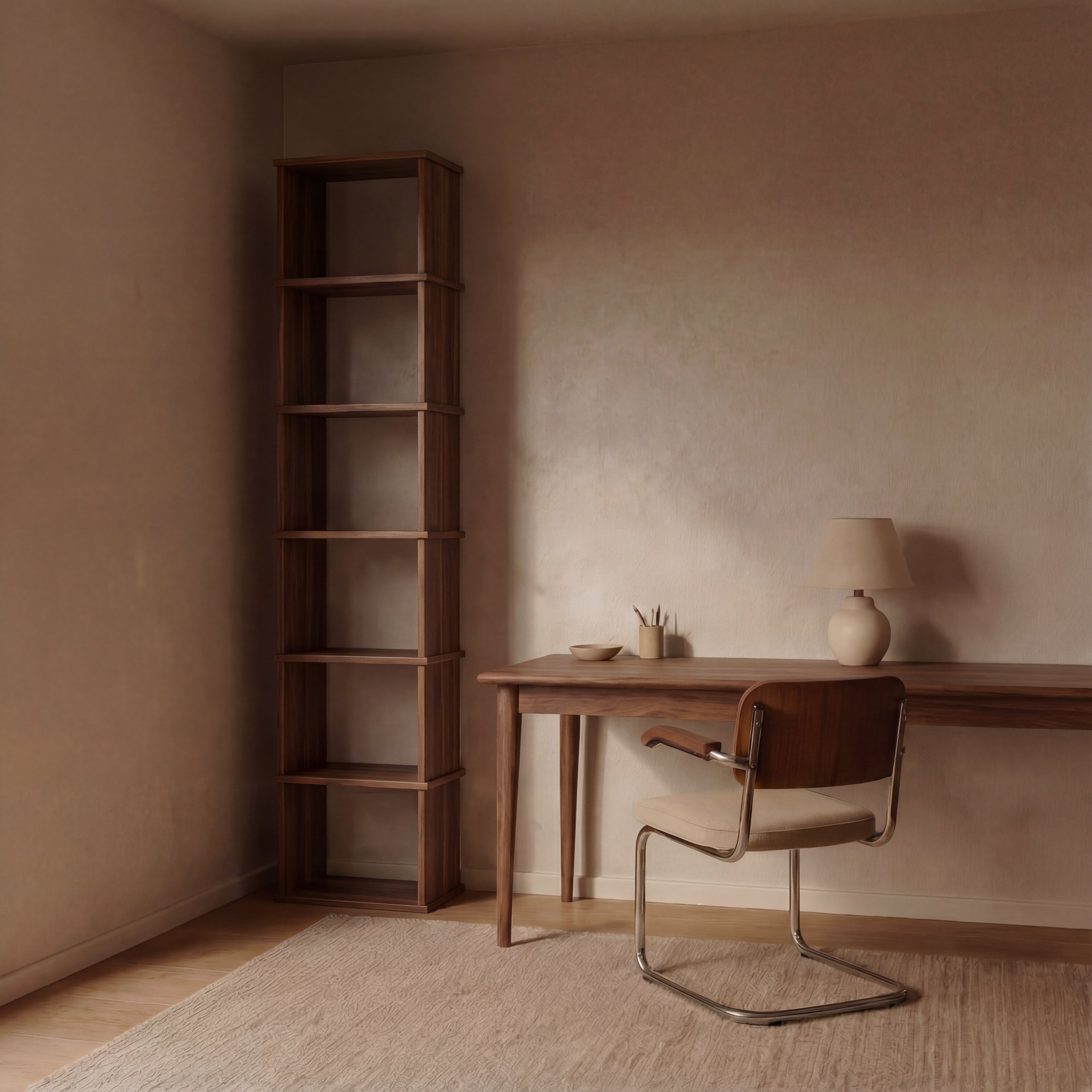 Tall narrow bookcase in walnut