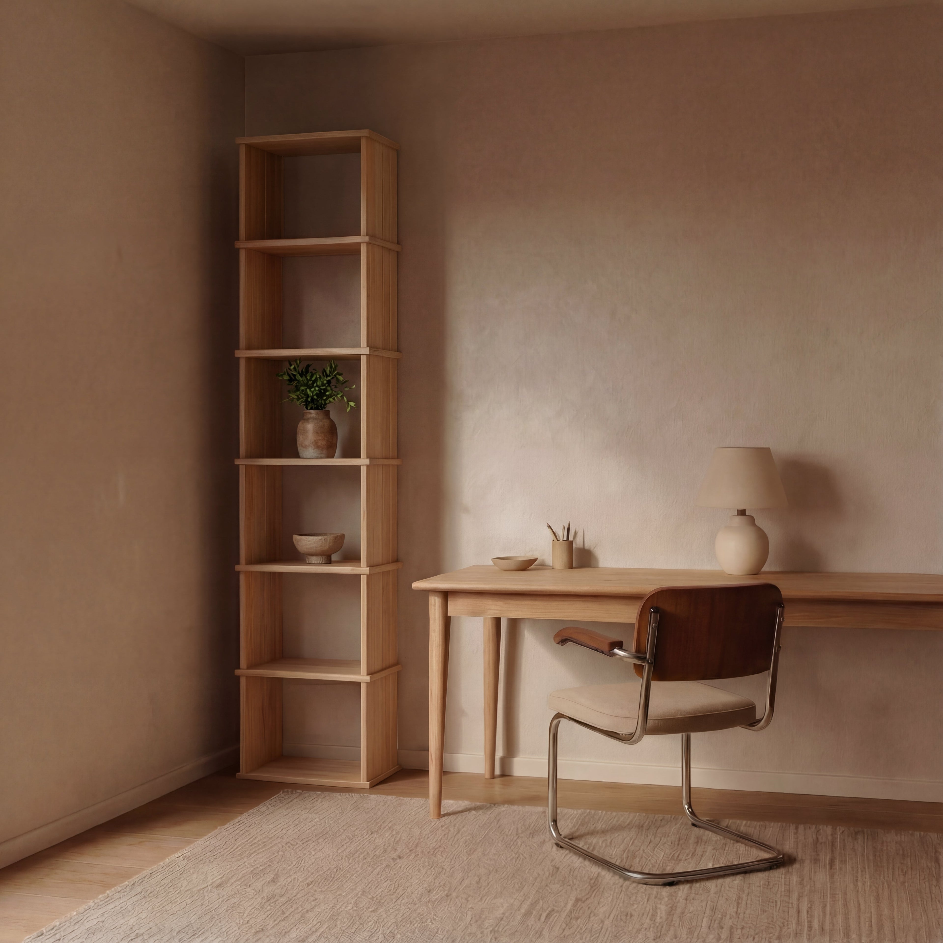 Tall narrow bookcase in white oak