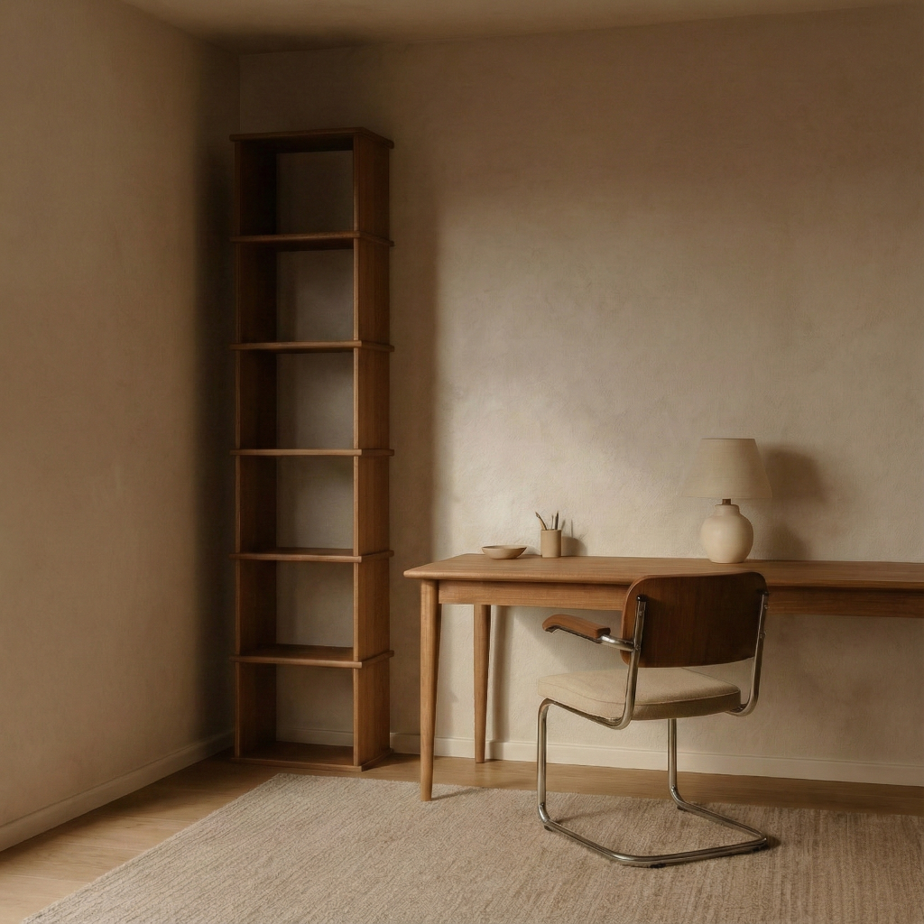 Tall narrow bookcase in red oak