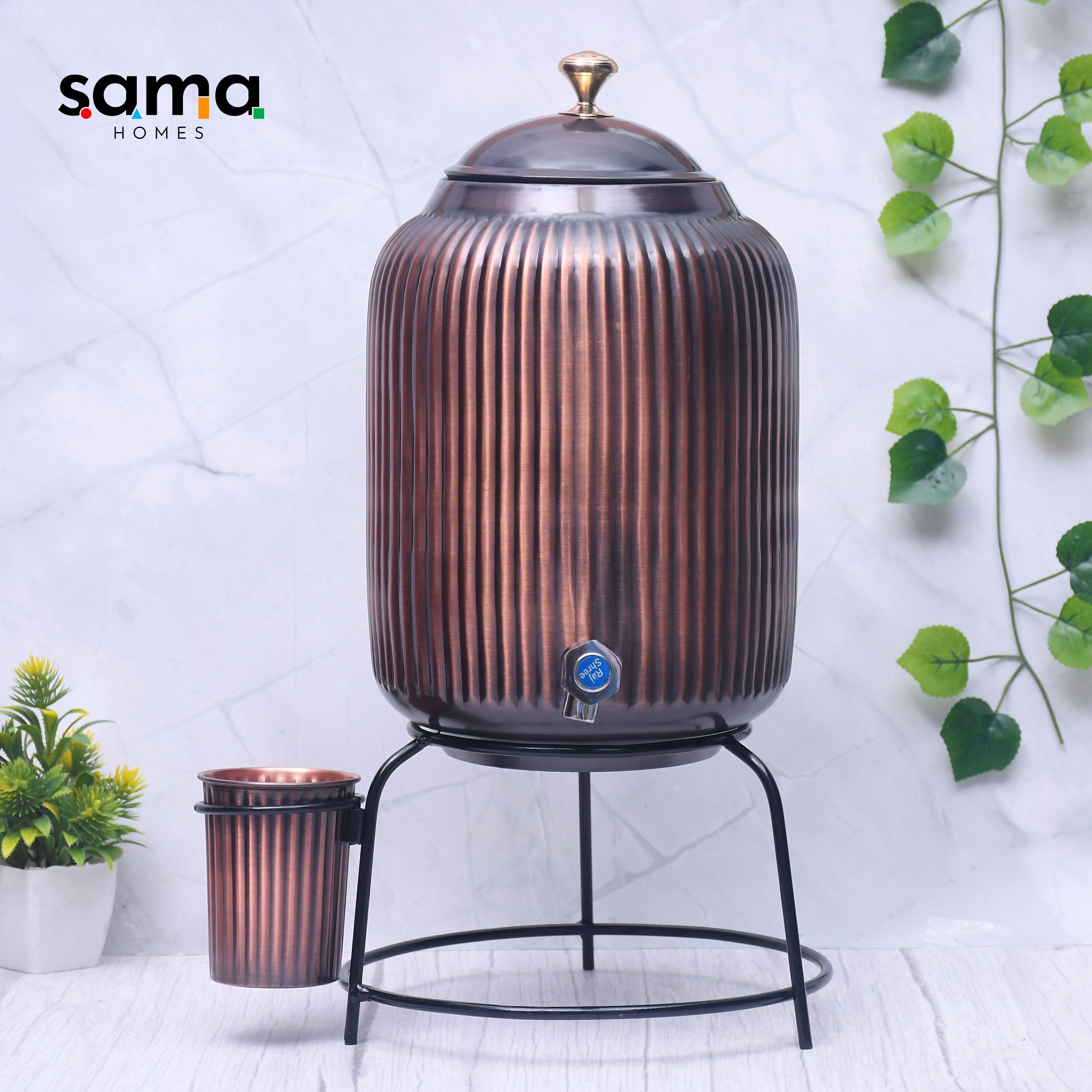 Pure Copper Water Dispenser with Glass & Stand – Antique Rope Design 5L/8L | Ayurvedic, Handcrafted