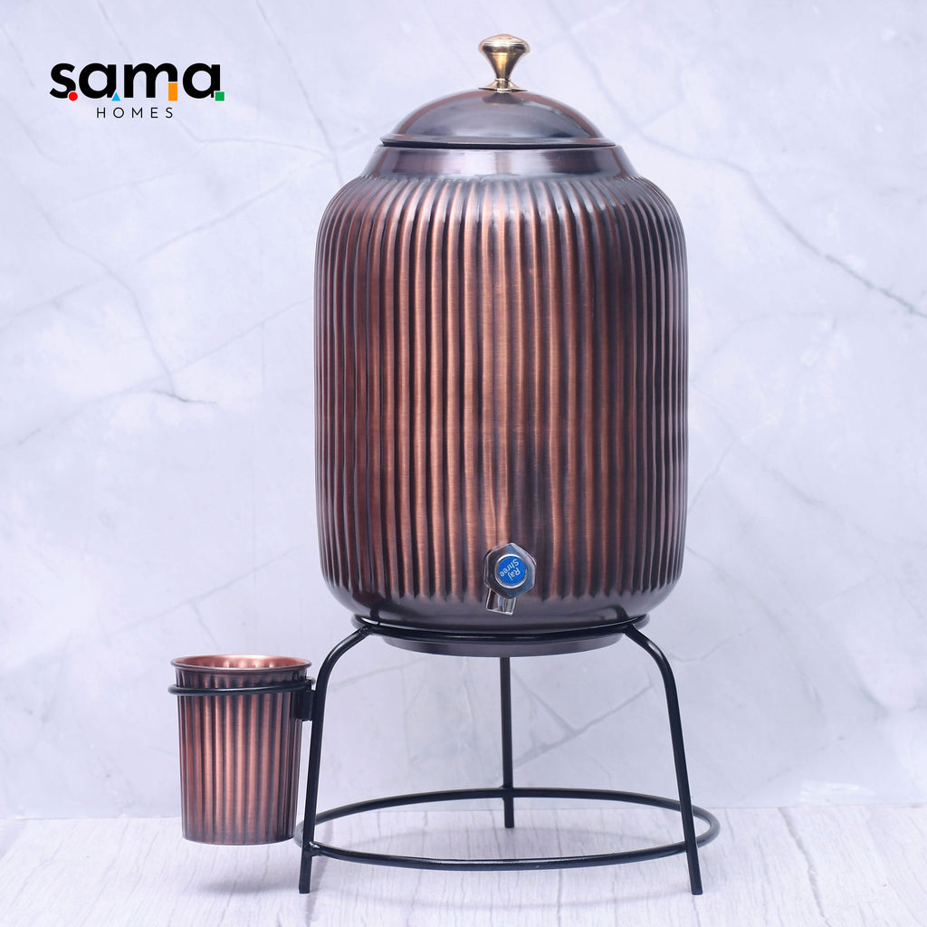 Pure Copper Water Dispenser with Glass & Stand – Antique Rope Design 5L/8L | Ayurvedic, Handcrafted