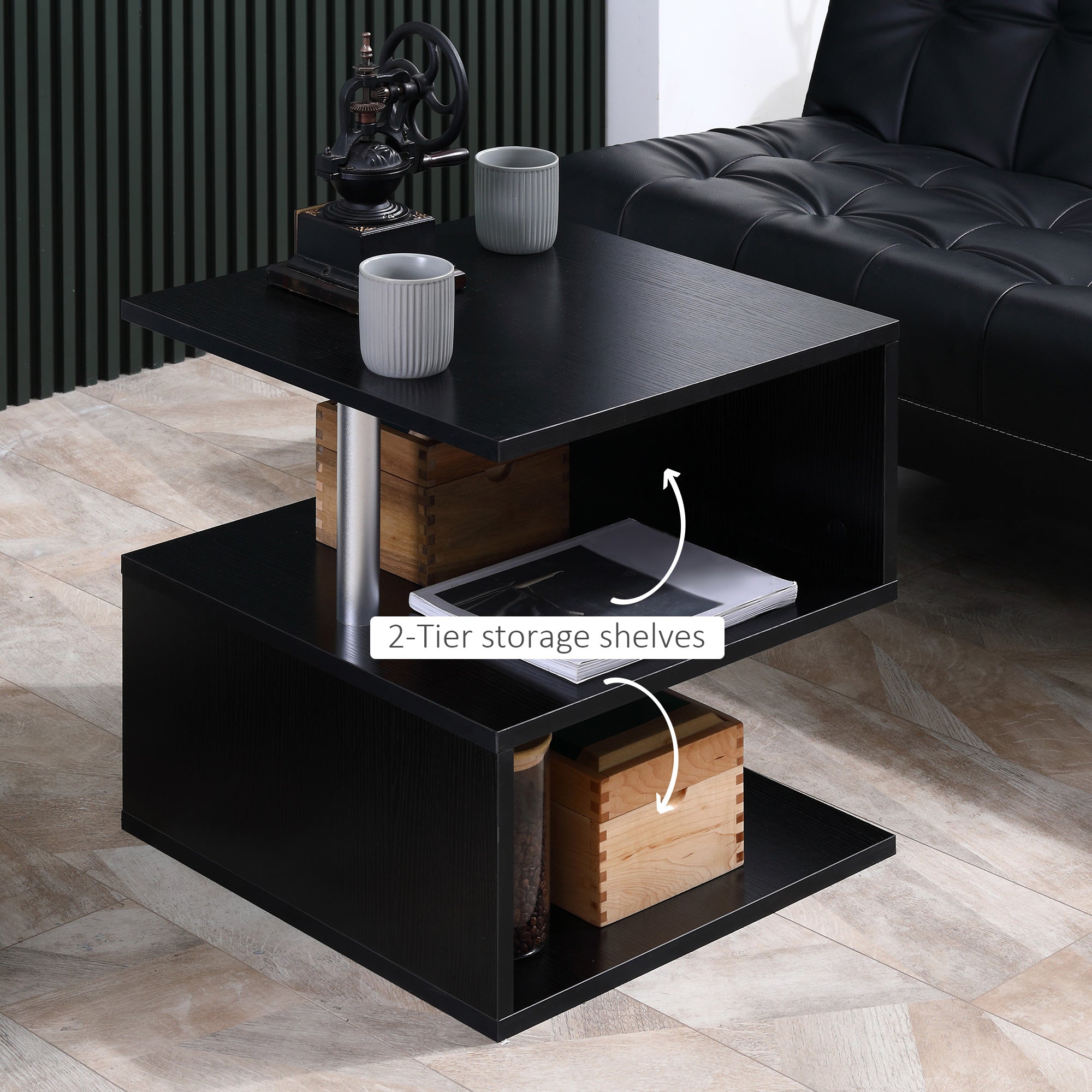 Caelan Wooden S Shape End Table with 3 Tier Storage Shelves-Black