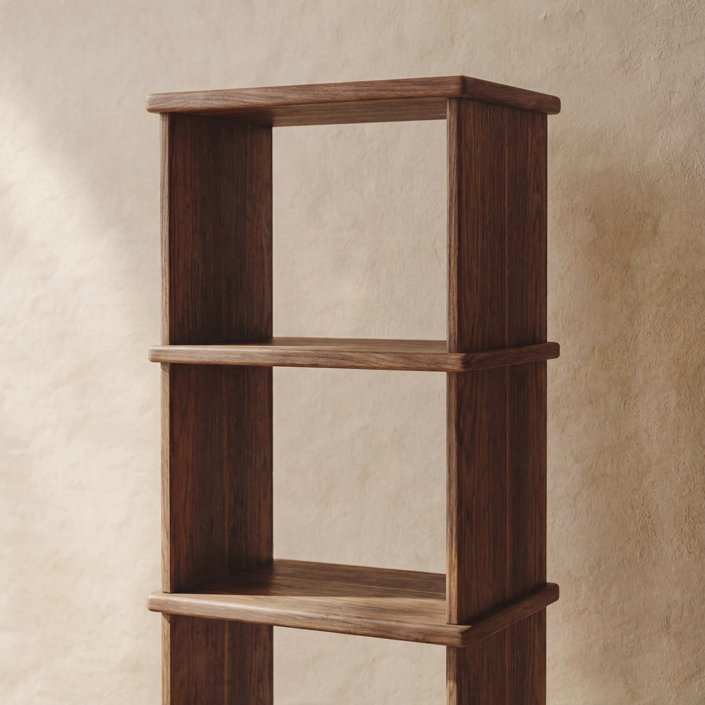 Tall narrow bookcase in walnut