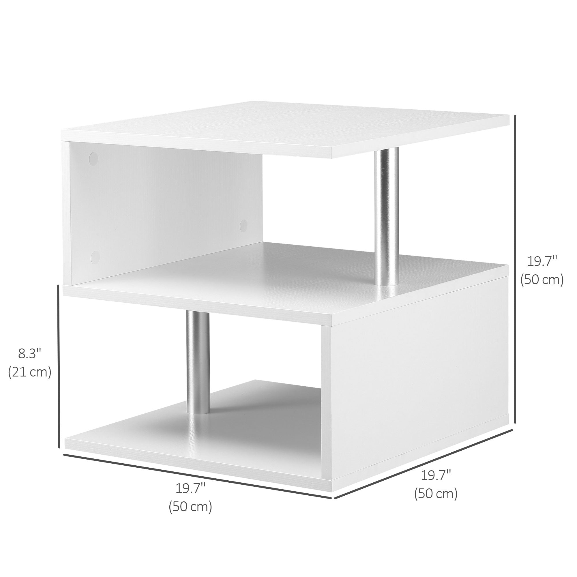 Mesa auxiliar de madera Caelan con forma de S y 3 estantes de almacenamiento, color blanco